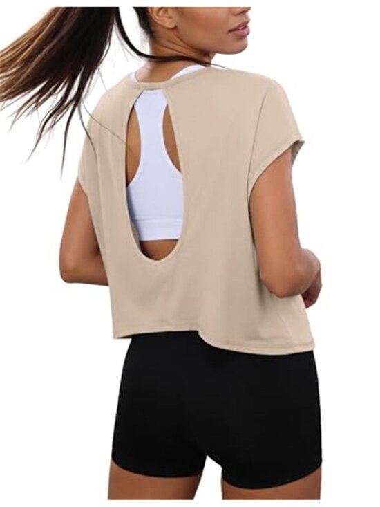 Totatuit Tops - Beige Open Back Cropped Workout Top Oversized Yoga Gym Tee